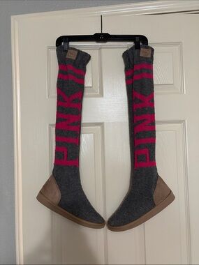 Over-the-Knee Gray & Pink Knit Boot Socks with Suede Foot